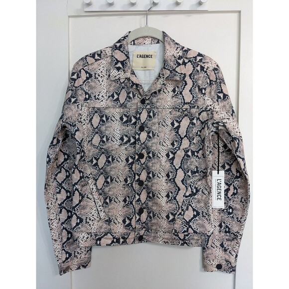 L'AGENCE Celine Slim Denim Jacket Snake Print Coral Paloma Pink Size S/P Stretch - Picture 1 of 10